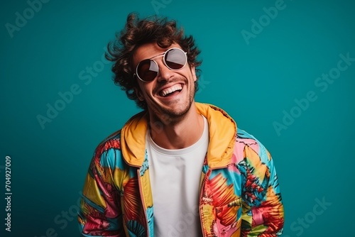 Portrait of a young man with curly hair wearing colorful jacket and sunglasses