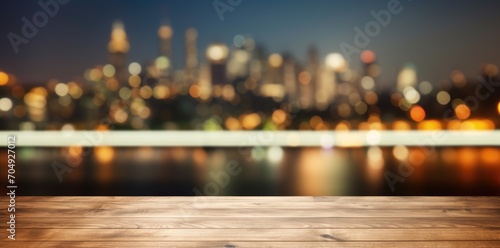 A spacious wooden tabletop overlooking an out-of-focus urban city scene, ideal for product display or digital compositing.
