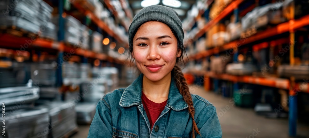 happy female warehouse asian worker smiling in warehouse, horizontal background, copy space for text