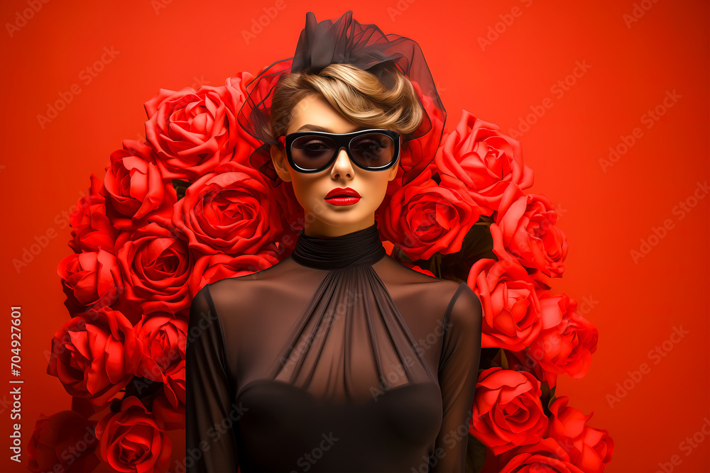 Young woman in black dress with red rose on red background with space for text.
