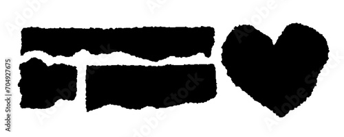 Torn paper shape vector illustration. Collage sticker piece, shred strip, cut black sheet. Blank horizontal note. Set of headline band. Calligraphy border, isolated grunge header background