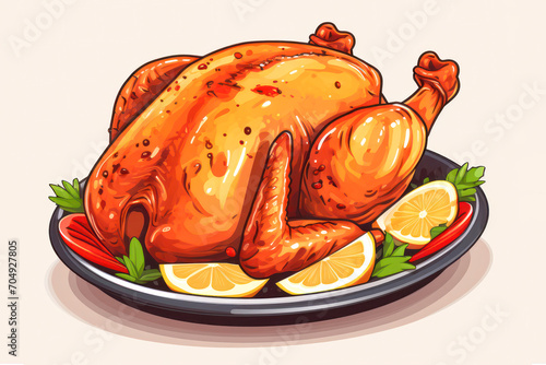 Roast chicken 3D cutout minimal isolated on white background. Vivid grocery Illustration for sale, package. Ultra realistic roast chicken, icon, detailed. Product advertising
