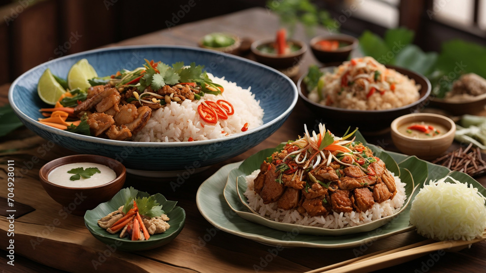 Elevate the visual feast of Rice Thai cuisine by arranging a delightful assortment of dishes on a wooden table