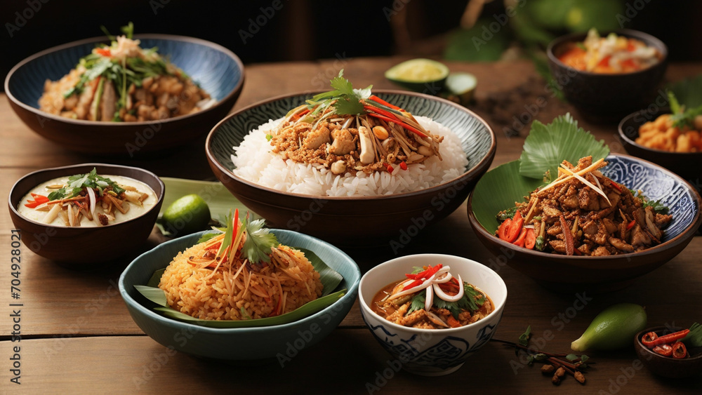 Elevate the visual feast of Rice Thai cuisine by arranging a delightful assortment of dishes on a wooden table Elevate the visual feast of Rice Thai cuisine by arranging a delightful assortment of dishes on a wooden table