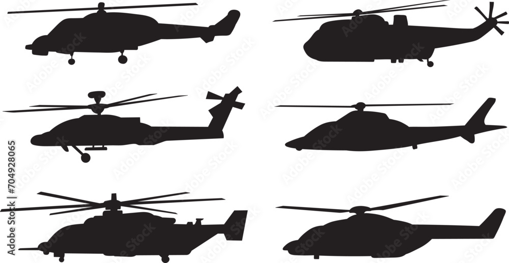 set of helicopters, silhouette on a white background, vector