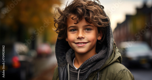 portrait of a smiling boy in a jacket on the street