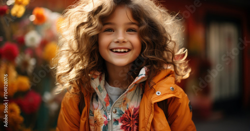 portrait of a smiling girl in a jacket on the street