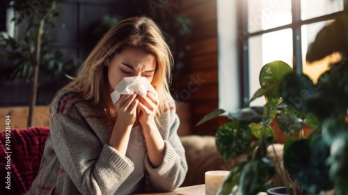 Sick woman blowing her nose with handkerchief, Sneezing, Common Cold