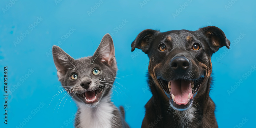 Obraz premium Joyful Canine and Feline Companions.Cat and Dog on Blue Background. Odd friendships concept.