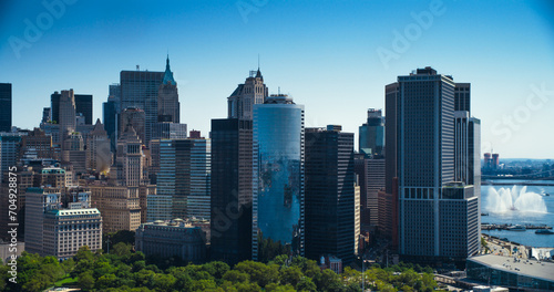 Scenic Aerial New York City View of Lower Manhattan Architecture. Panoramic Wall Street Financial District Shot from a Helicopter. Cityscape with Office Buildings and Skyscrapers