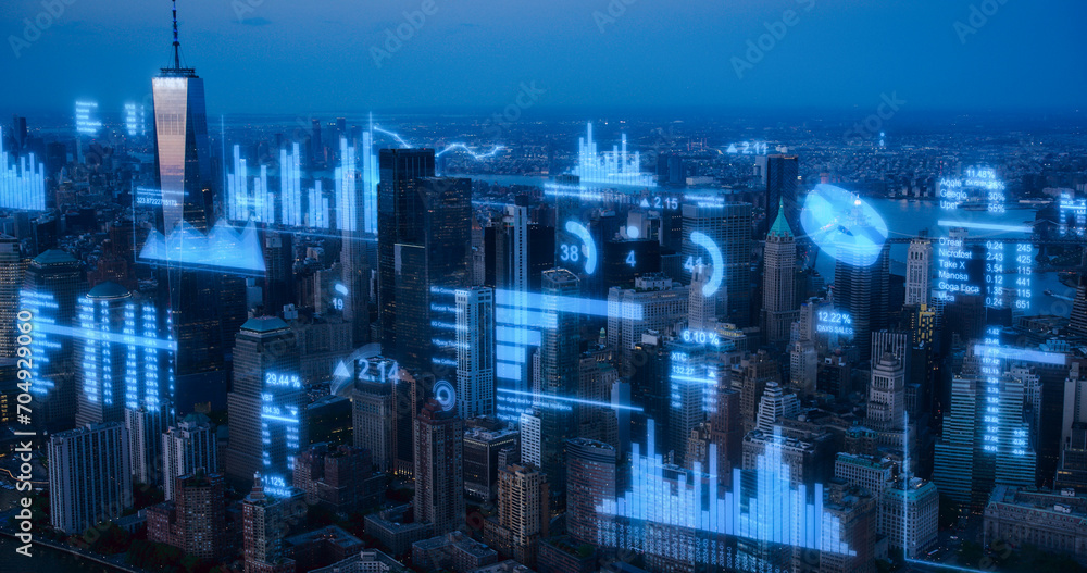 Modern Smart City Concept: Aerial Helicopter Footage of New York City with Animated Digitization Visuals Over Landmark Business Buildings. VFX Data with Graphs, Charts, Urban Analytical Reports