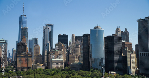Scenic Aerial New York City View of Lower Manhattan Architecture. Panoramic Downtown Footage from a Helicopter During a Sunny Day. Cityscape with Modern Office Buildings and Historic Skyscrapers © Gorodenkoff