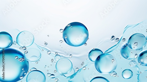 Transparent blue water bubbles on a white background