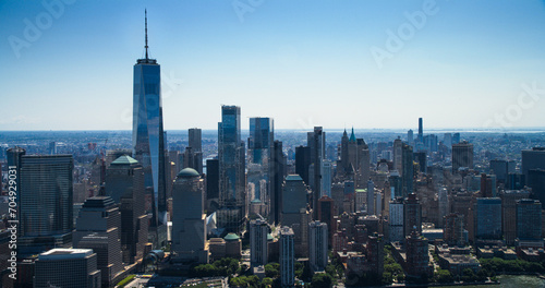 Scenic Aerial New York City View Towards Lower Manhattan Architecture. Panoramic Footage of Midtown Financial District from a Helicopter. Cityscape with Office Buildings and Skyscrapers