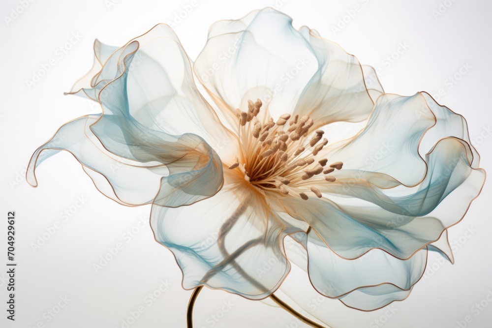  a close up of a flower on a white background with a blurry image of the center of the flower.