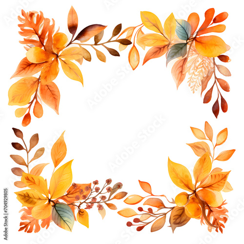 Watercolor Frame of different kinds of autumn leaves isolated on white background