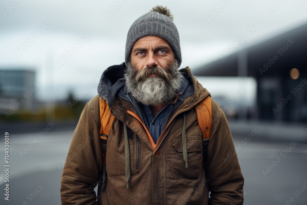Portrait of a bearded man with a long gray beard and mustache in a brown jacket on a city street Portrait of a bearded man with a long gray beard and mustache in a brown jacket on a city street