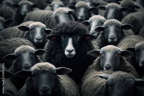  a herd of sheep standing next to each other in the middle of a field of black and white sheep with red eyes.