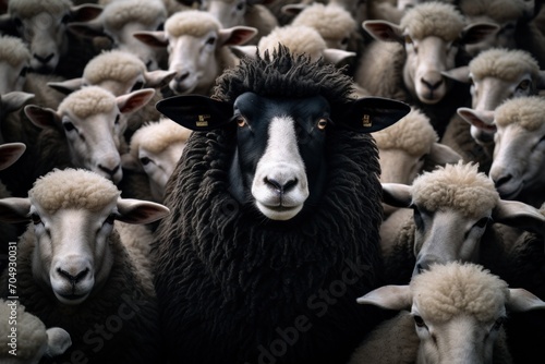 a herd of black and white sheep standing next to each other on a field of white sheep looking at the camera.