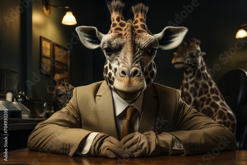  a giraffe wearing a suit and tie sitting at a table in front of a group of giraffes.