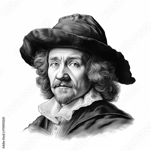 Black and white vintage engraving, headshot portrait of Rembrandt Harmenszoon van Rijn, the famous Dutch Golden Age painter, printmaker, and draughtsman, white background, greyscale - Generative AI photo