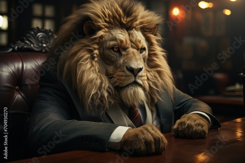  a lion wearing a suit and tie sitting at a table with a cup of coffee in front of his face.