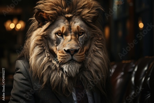  a lion wearing a suit and tie standing in front of a dark room with a chandelier hanging from it s ceiling.