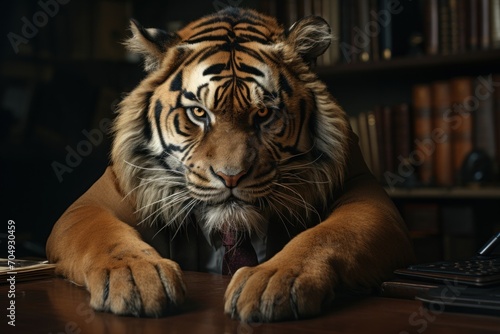  a close up of a tiger sitting at a desk with a calculator and a bookcase in the background.