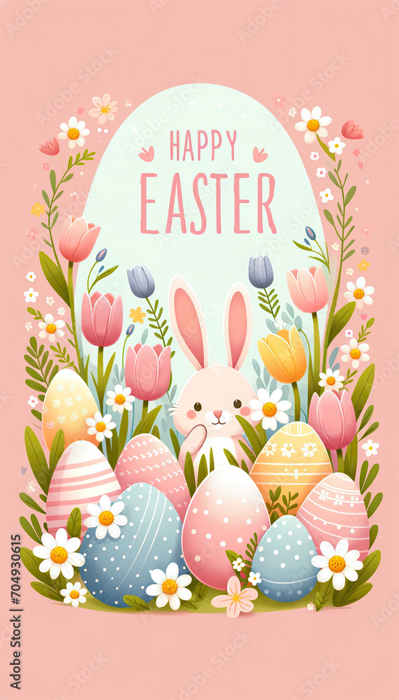 Vertical Happy Easter design, with a cute bunny peeking from behind decorated Easter eggs, surrounded by spring flowers such as tulips and daisies.