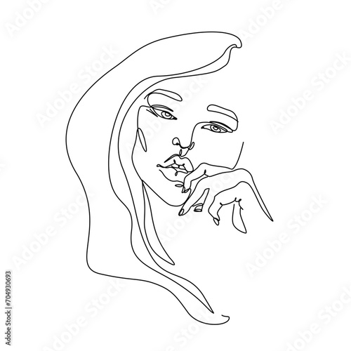 Woman with long hair and hand, abstract portrait, continuous line drawing, girl is a single line on a white background, Vector illustration. Tattoo, print and logo design for spa or beauty salon. 