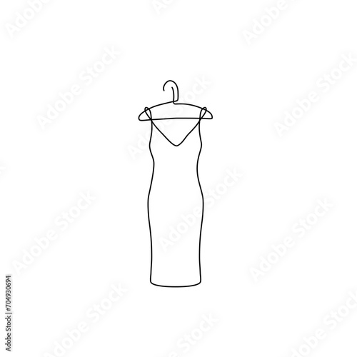 Hanger and dress emblem or logo design, сontinuous line drawing, small tattoo, print for clothes and logo design, fashion shop logo, silhouette one single line on a white background, isolated vector.