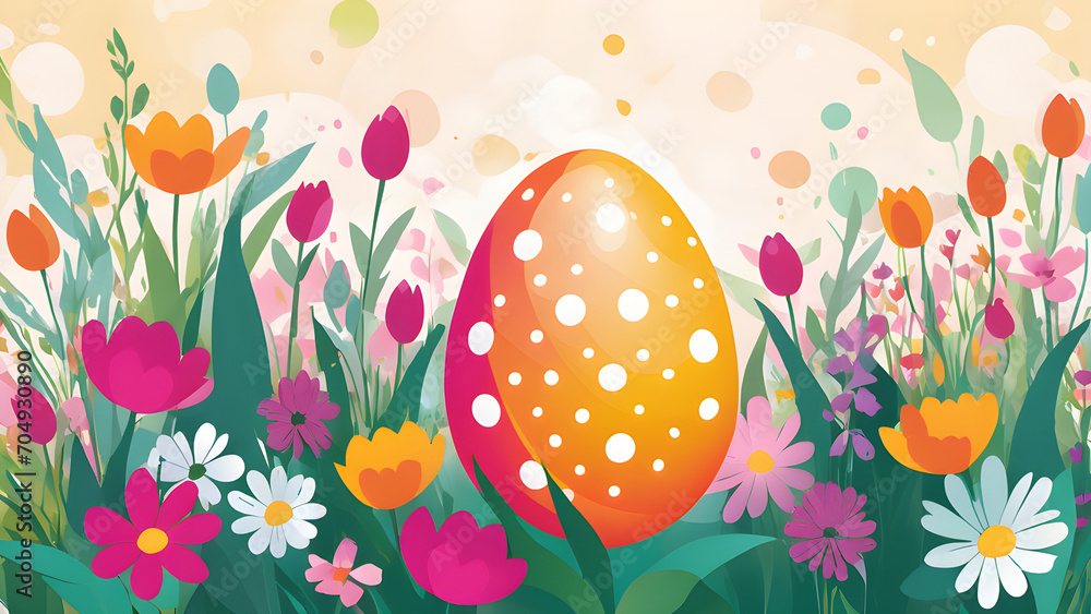 Easter egg nestled amongst spring flowers, hand-painted strokes and dots enhancing its vibrancy, spring background. Easter egg nestled amongst spring flowers, hand-painted strokes and dots enhancing its vibrancy, spring background.