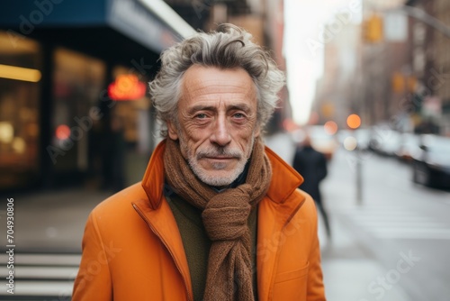 Portrait of a senior man in an orange coat and scarf on a city street.