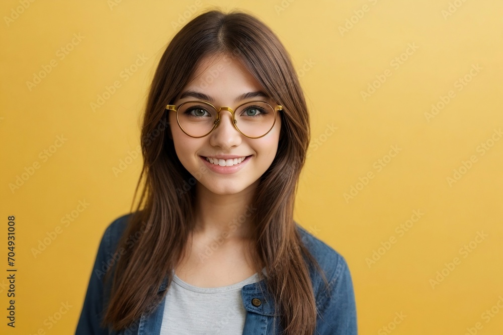 A friendly young woman wearing spectacles smiling and looking at the camera, yellow background with copy space.