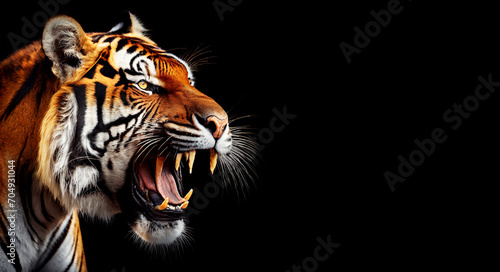 Extreme close-up of a head of a tiger roaring on a black background with copy space. Concept of strength and leadership. Generative Ai.