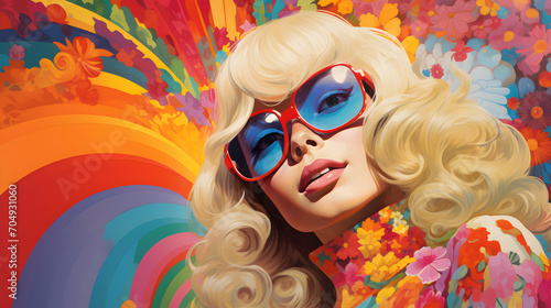 A happy fair-haired woman in sunglasses Colourful psychedelic 1970s