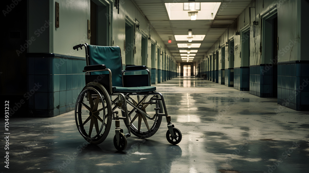 An empty wheelchair in an abandoned hospital