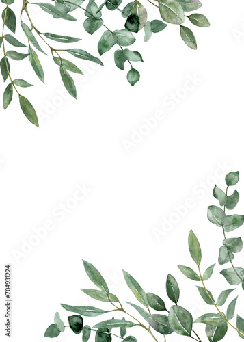 Watercolor botanical frame made of eucalyptus leaves and branches. Green leaf corner border. Floral painting. PNG clipart.