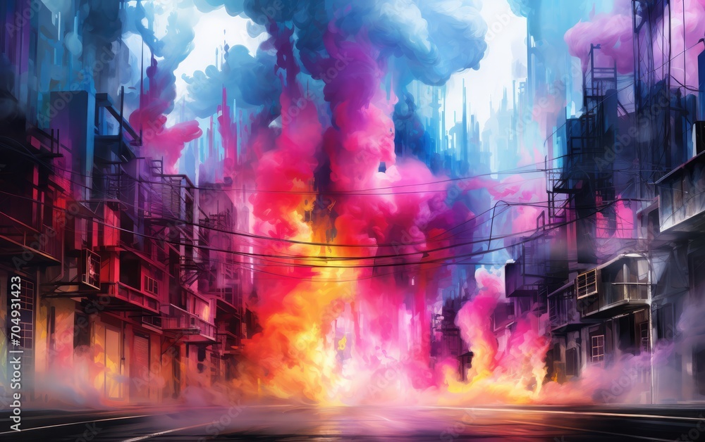 The energy and vitality of a vibrant cityscape rendered in the form of abstract, neon-hued smoke, abstract colorful smoke.