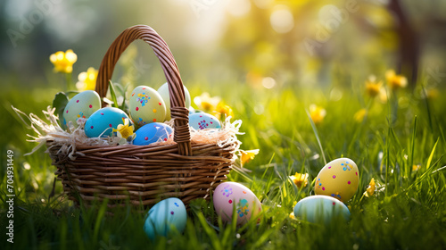 Wicker basket with festively decorated Easter eggs on sunlit green grass, space for text