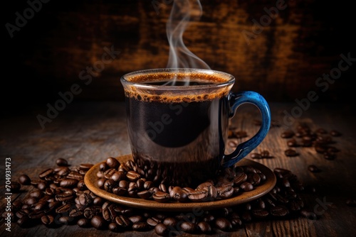  a cup of coffee sitting on top of a wooden table filled with coffee beans and steam rising out of it.