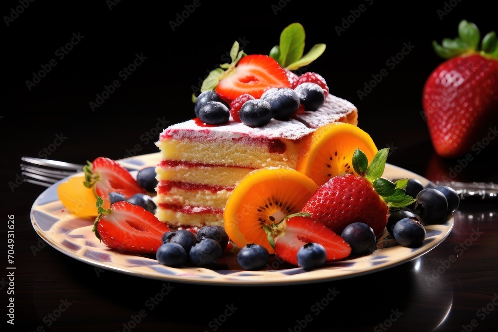 a piece of cake on a plate with fruit on the plate and a fork on the table next to it. a piece of cake on a plate with fruit on the plate and a fork on the table next to it.