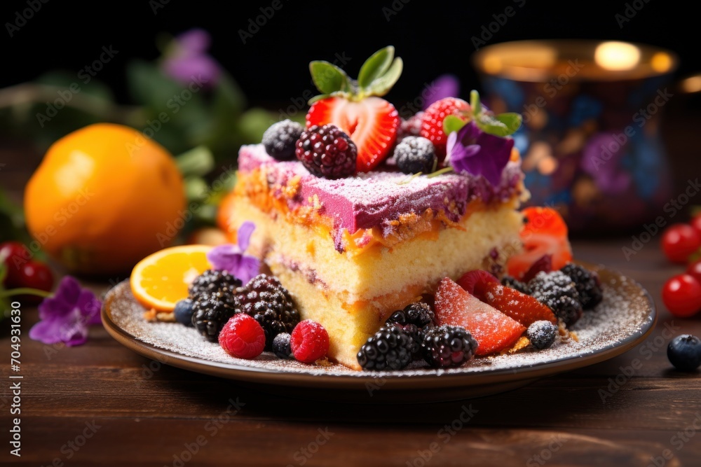 a piece of cake sitting on top of a plate next to berries and oranges on top of a table. a piece of cake sitting on top of a plate next to berries and oranges on top of a table.