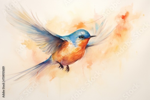  a watercolor painting of a blue and orange bird with its wings spread out, with a light yellow background.
