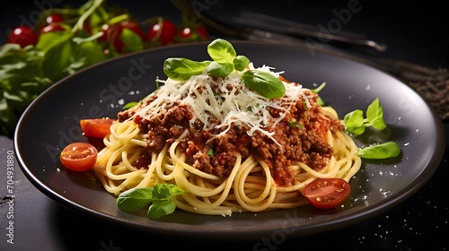 Spaghetti Bolognese with fresh Parmesan as well as green salad