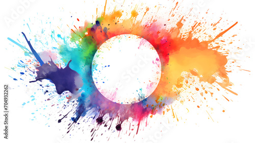 Circular circle frame made of rainbow colors watercolor splashes, isolated on white background