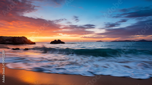 A calming beach scene at sunset representing mental tranquility and escape.