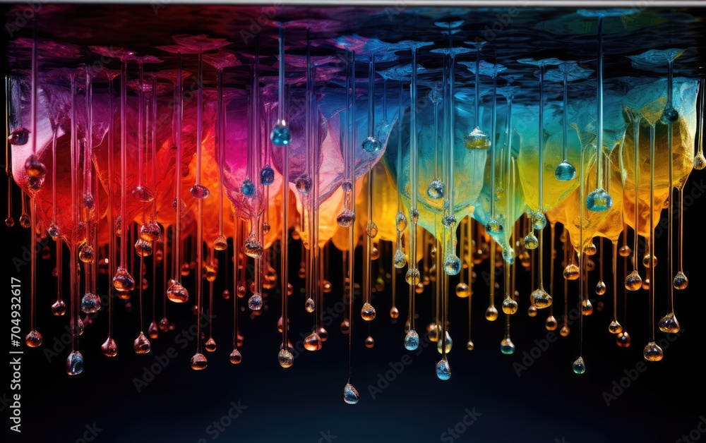 Cascading water droplets transformed into shimmering prisms of vivid color.