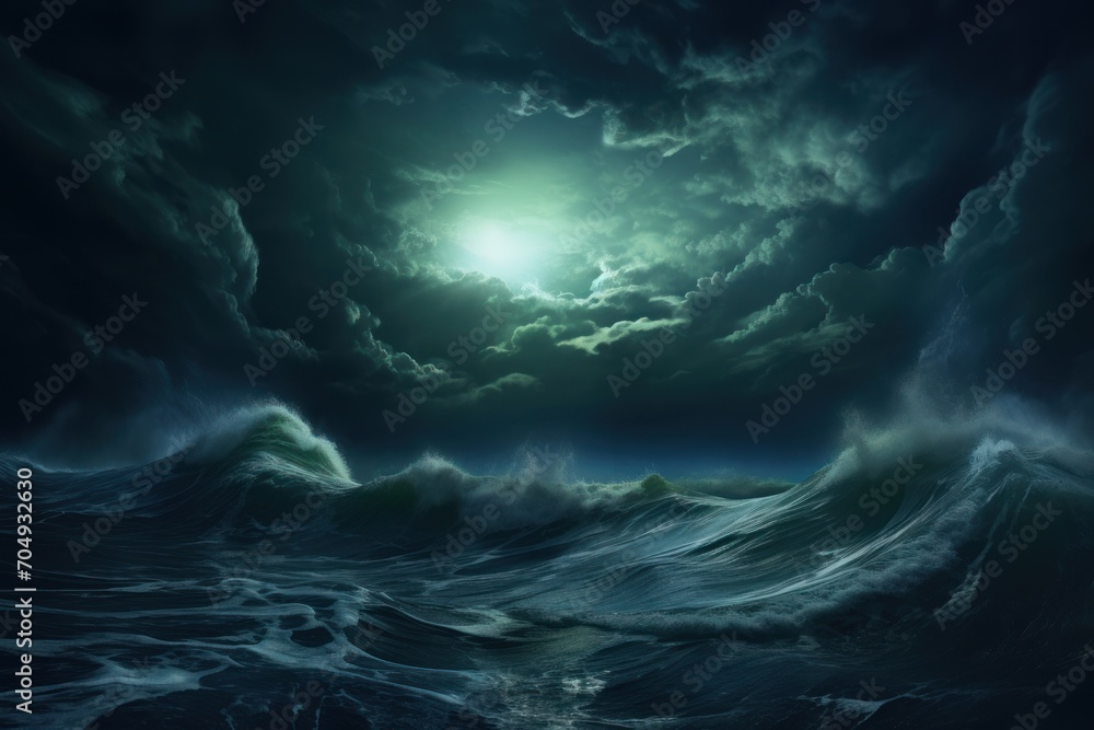  a painting of a large body of water with a full moon in the middle of the sky above the waves.