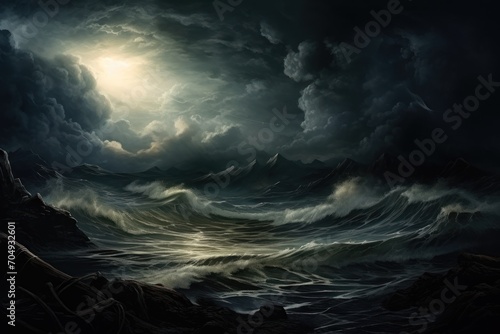  a painting of a large body of water in the middle of a storm with a full moon in the sky.